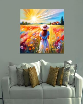 Jovem no campo florido Quadro em Tela (canvas)