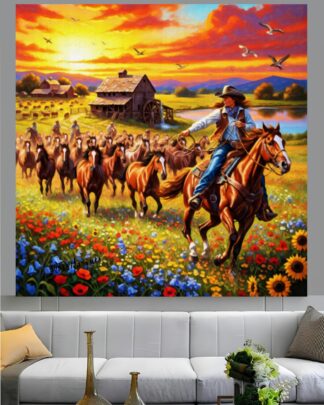 Cowgirl e Cavalos selvagens Quadro em Tela (canvas)